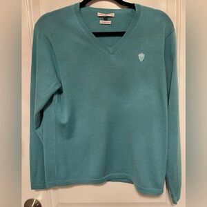 Peter Millar 100% Merino Wool V-Neck Sweater Teal Preppy Classic Fit Acorn Large